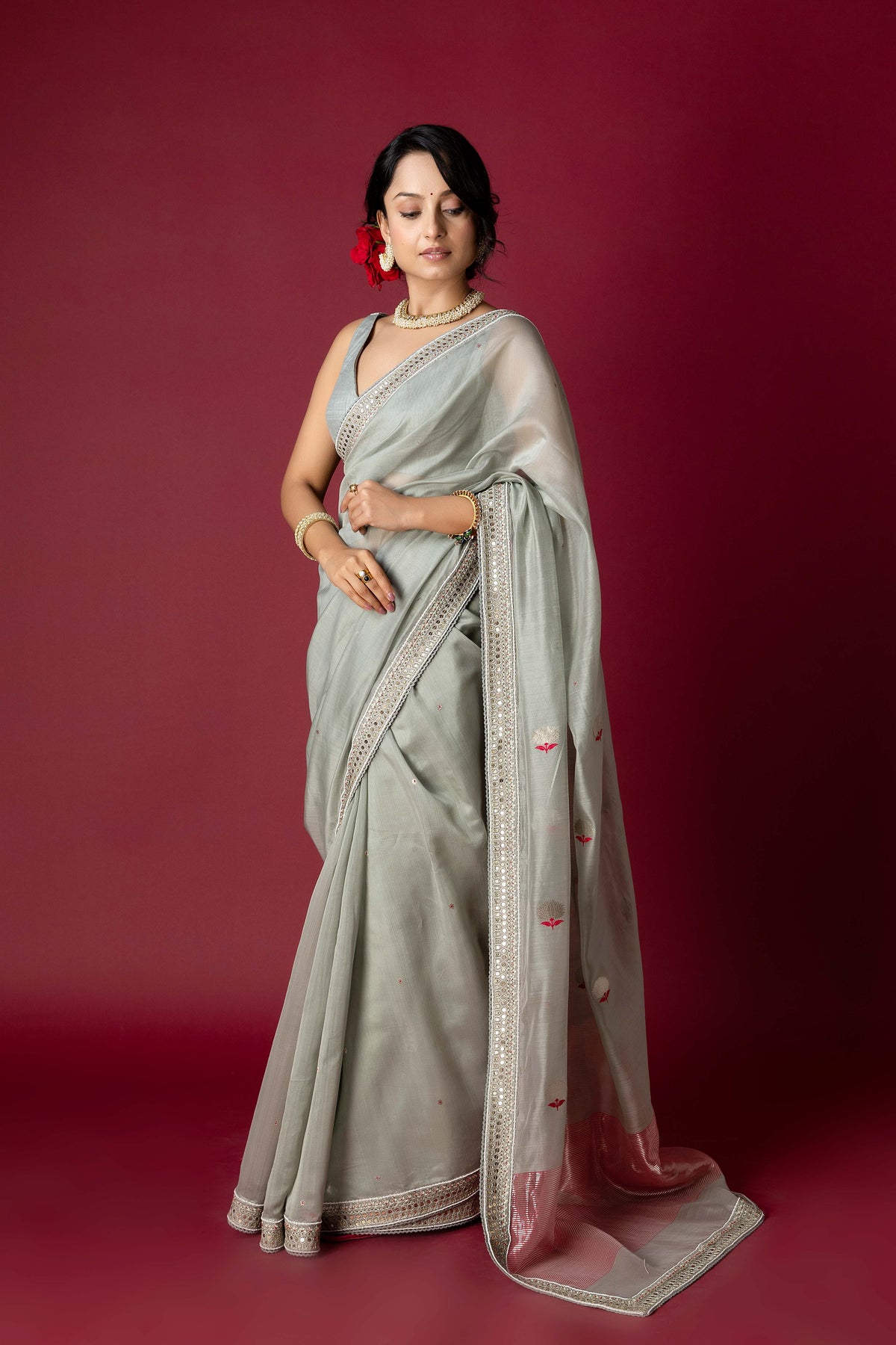 Grey Jade Chanderi Silk Aari Saree