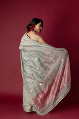 Grey Jade Chanderi Silk Aari Saree