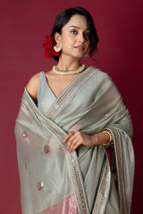 Grey Jade Chanderi Silk Aari Saree