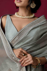 Grey Jade Chanderi Silk Aari Saree
