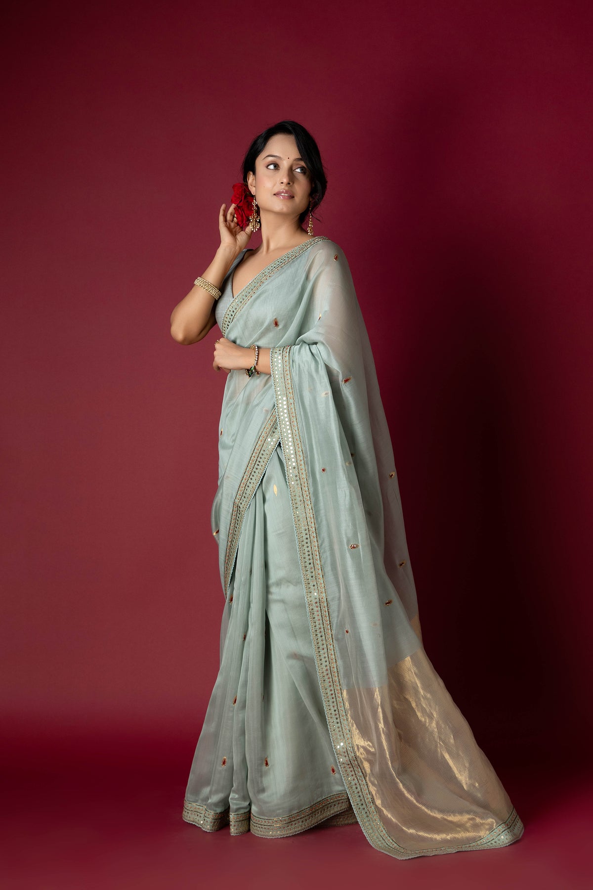 Sage Green Chanderi Silk Aari Saree
