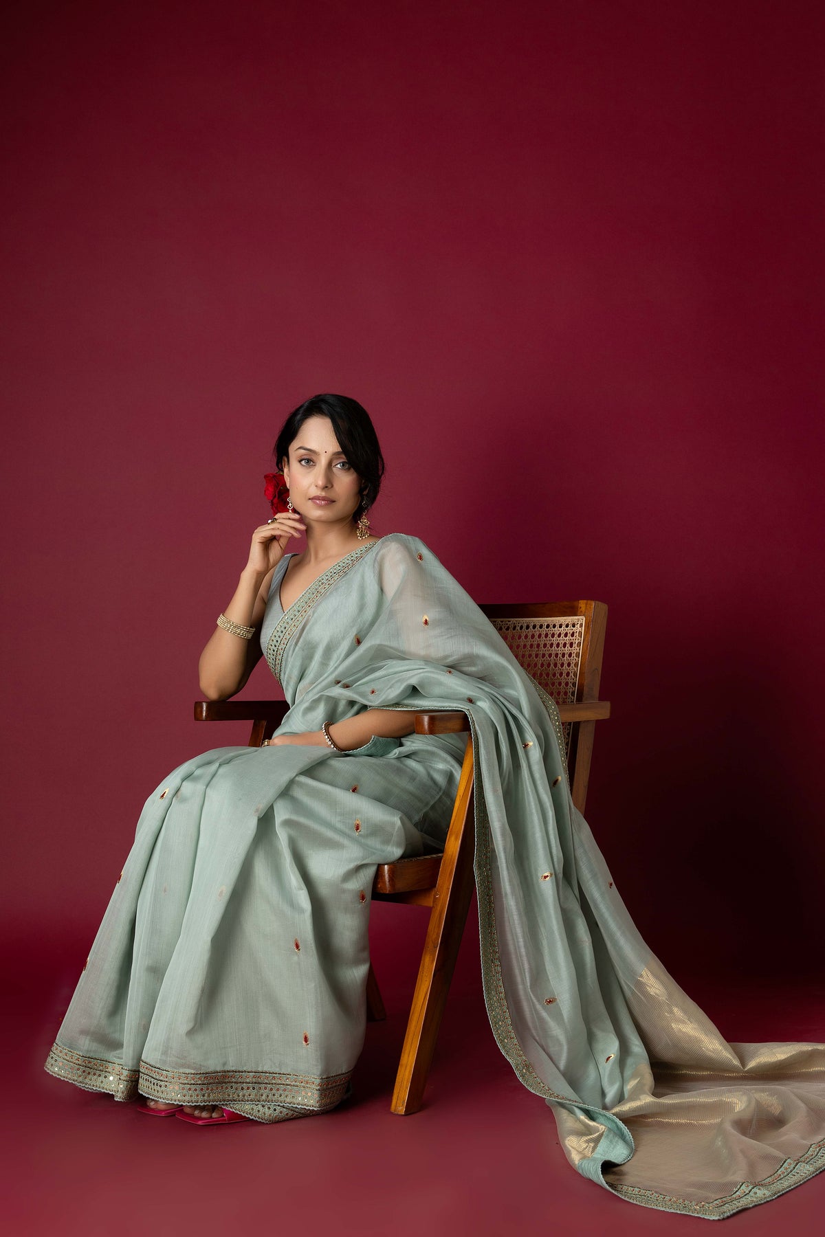 Sage Green Chanderi Silk Aari Saree