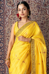 Yellow Chanderi Silk Aari & Bobbin Saree