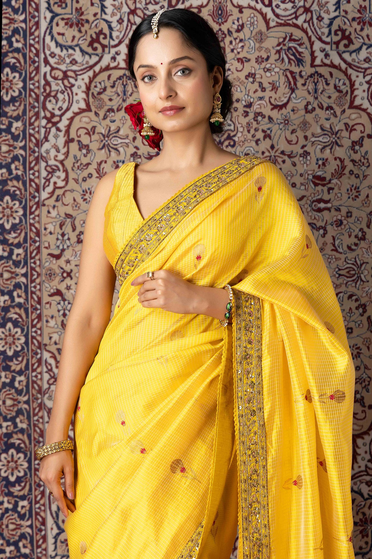 Yellow Chanderi Silk Aari & Bobbin Saree