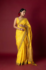 Yellow Chanderi Silk Aari & Bobbin Saree