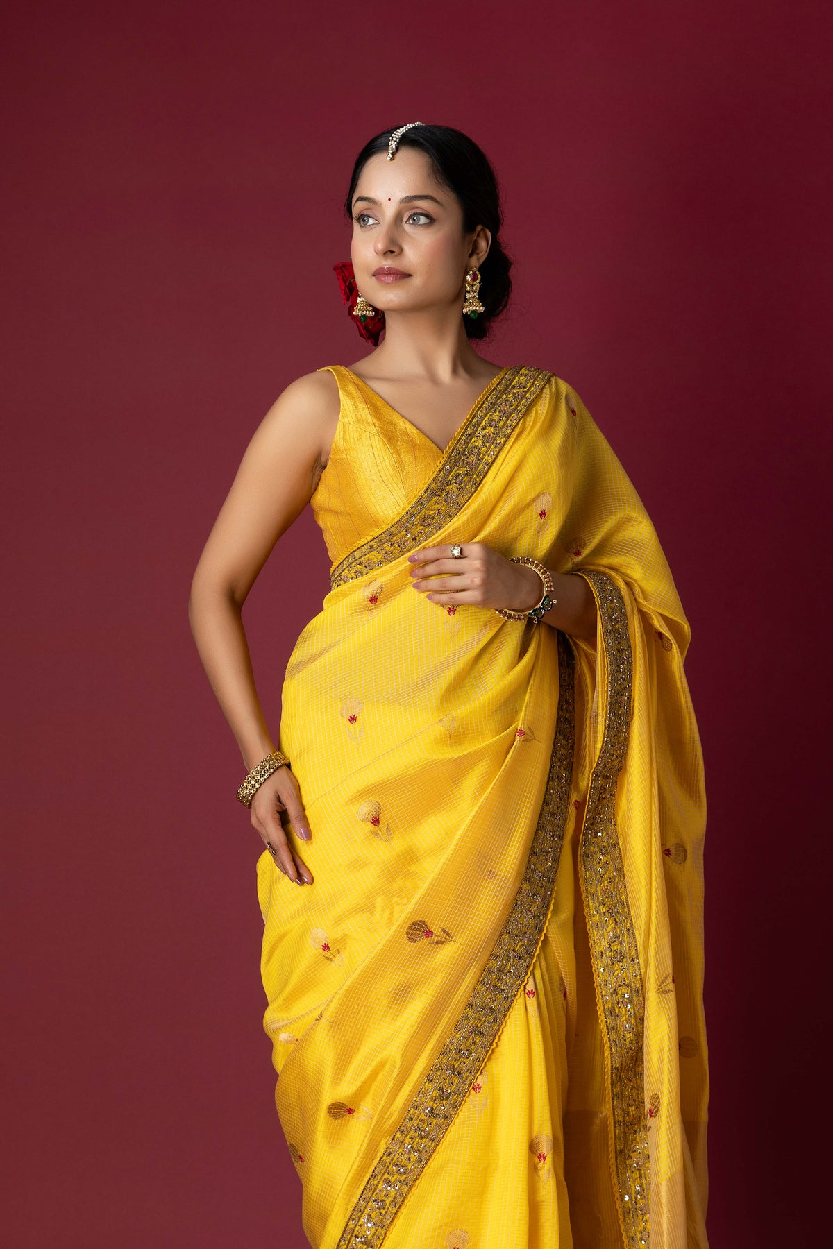 Yellow Chanderi Silk Aari & Bobbin Saree