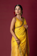 Yellow Chanderi Silk Aari & Bobbin Saree