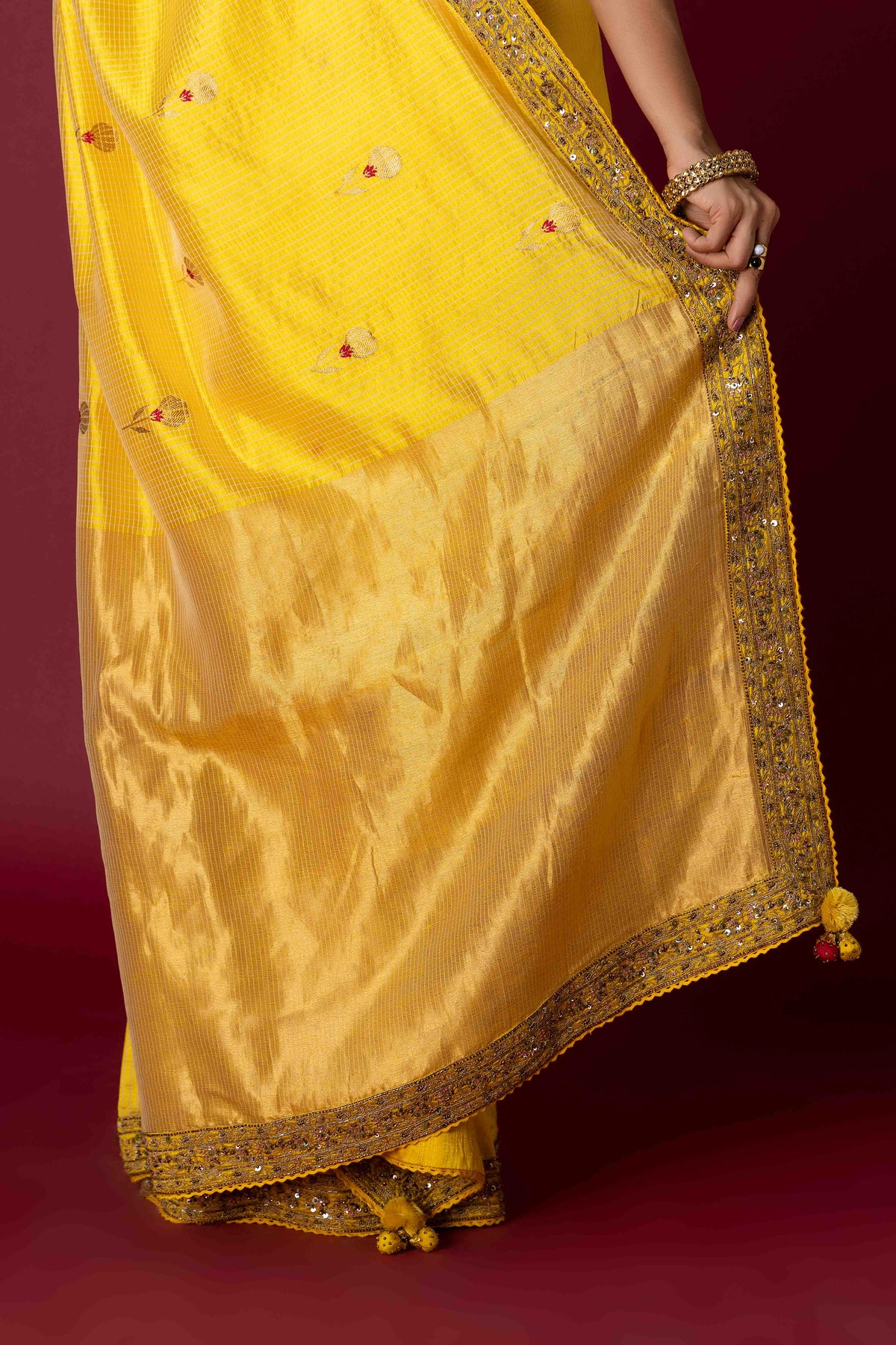 Yellow Chanderi Silk Aari & Bobbin Saree