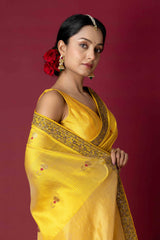 Yellow Chanderi Silk Aari & Bobbin Saree