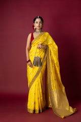 Yellow Chanderi Silk Aari & Bobbin Saree