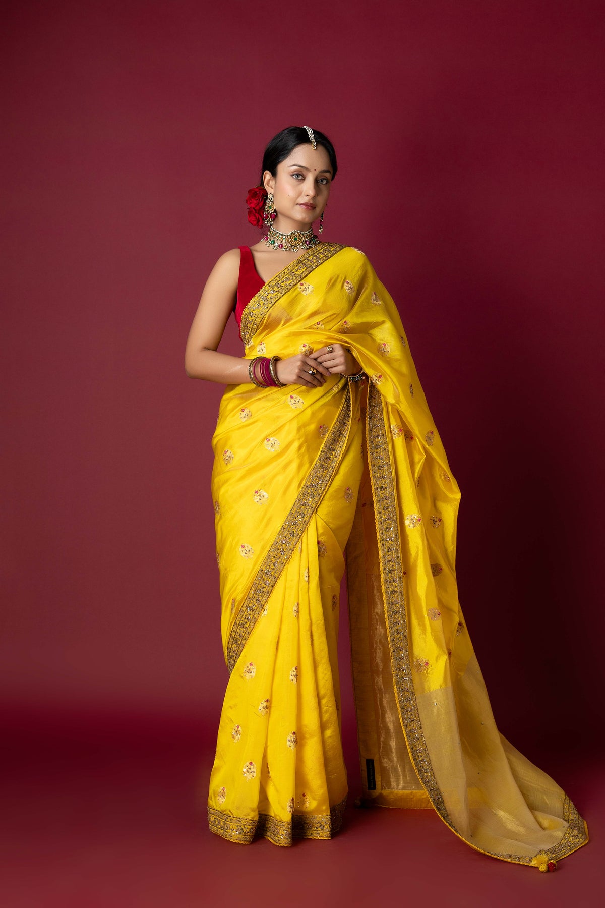 Yellow Chanderi Silk Aari & Bobbin Saree