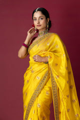 Yellow Chanderi Silk Aari & Bobbin Saree