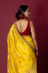 Yellow Chanderi Silk Aari & Bobbin Saree