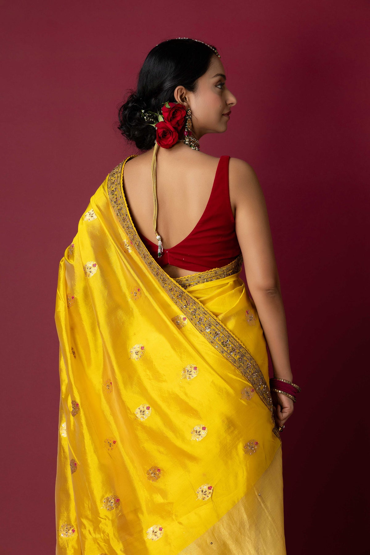 Yellow Chanderi Silk Aari & Bobbin Saree