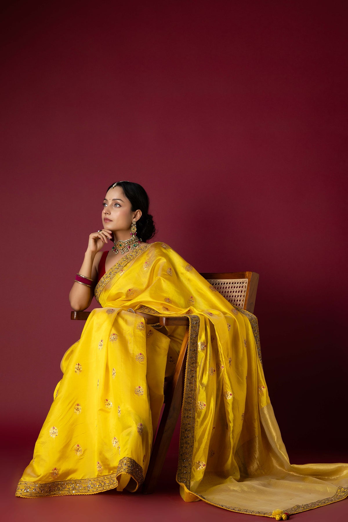 Yellow Chanderi Silk Aari & Bobbin Saree