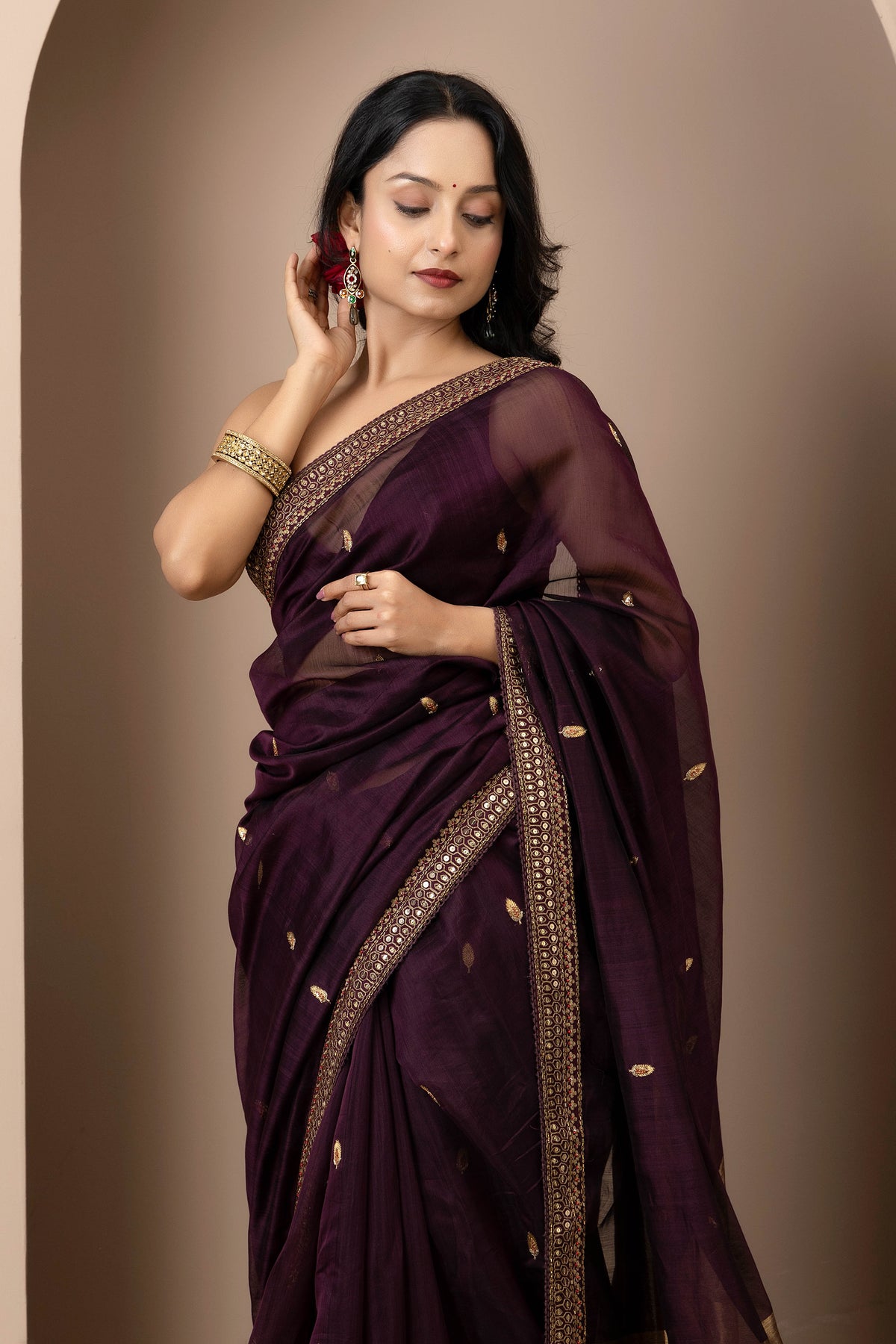 Wine Chanderi Silk Aari Saree