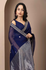 Deep Blue Chanderi Silk Aari Saree