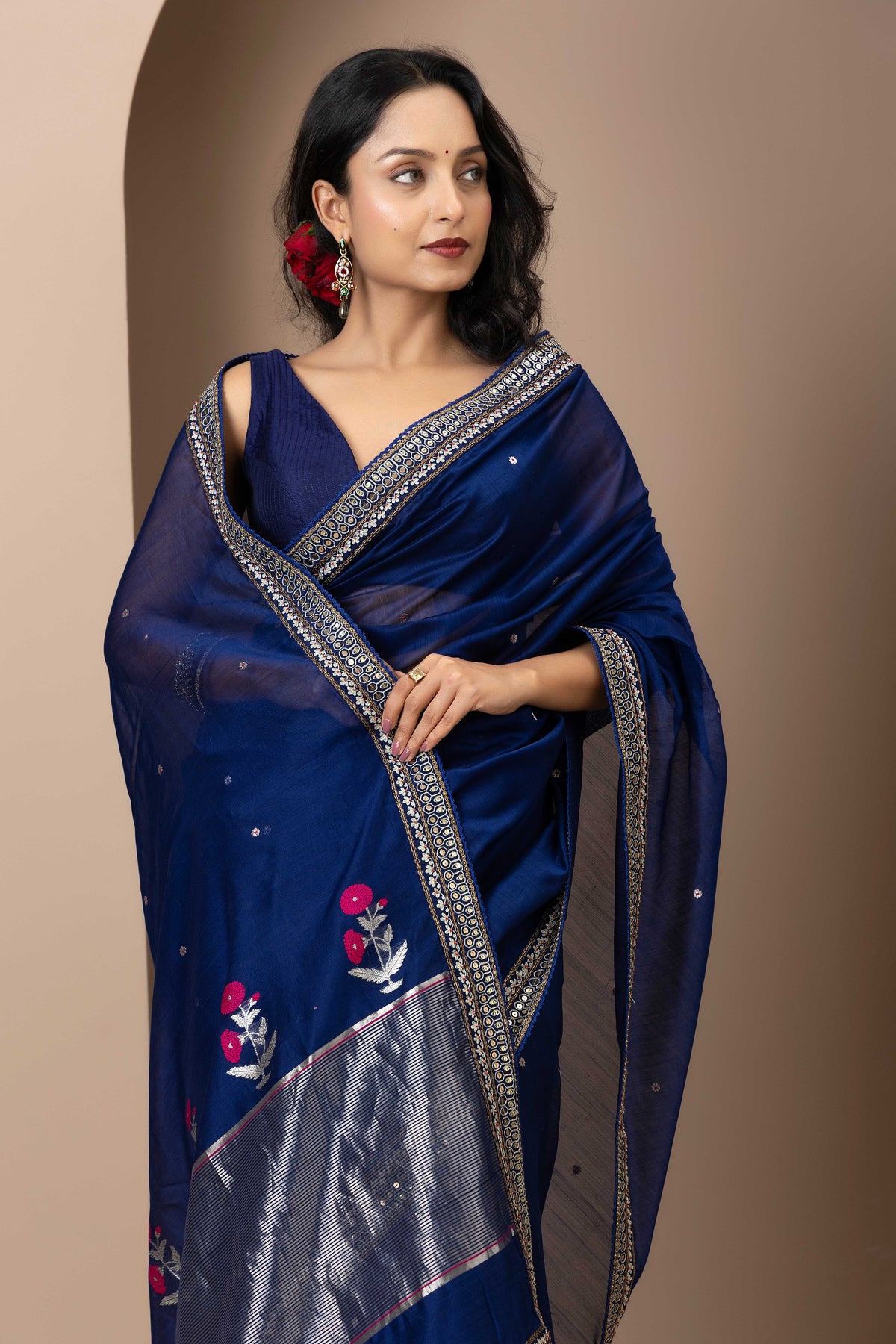Royal Blue Chanderi Silk Aari Saree