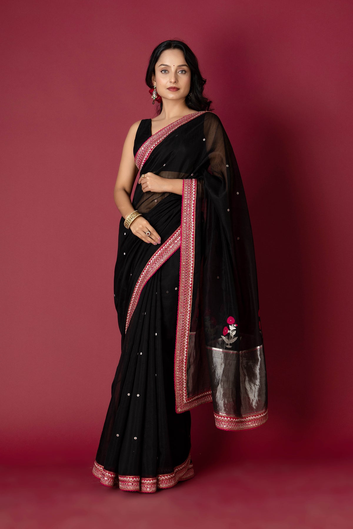 Black Chanderi Silk Aari Saree