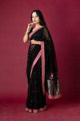 Black Chanderi Silk Aari Saree