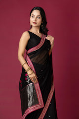 Black Chanderi Silk Aari Saree