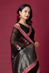 Black Chanderi Silk Aari Saree