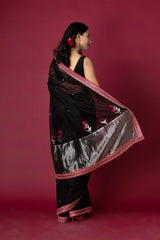 Black Chanderi Silk Aari Saree