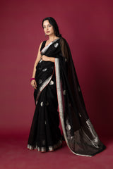 Black Chanderi Silk Zari Saree