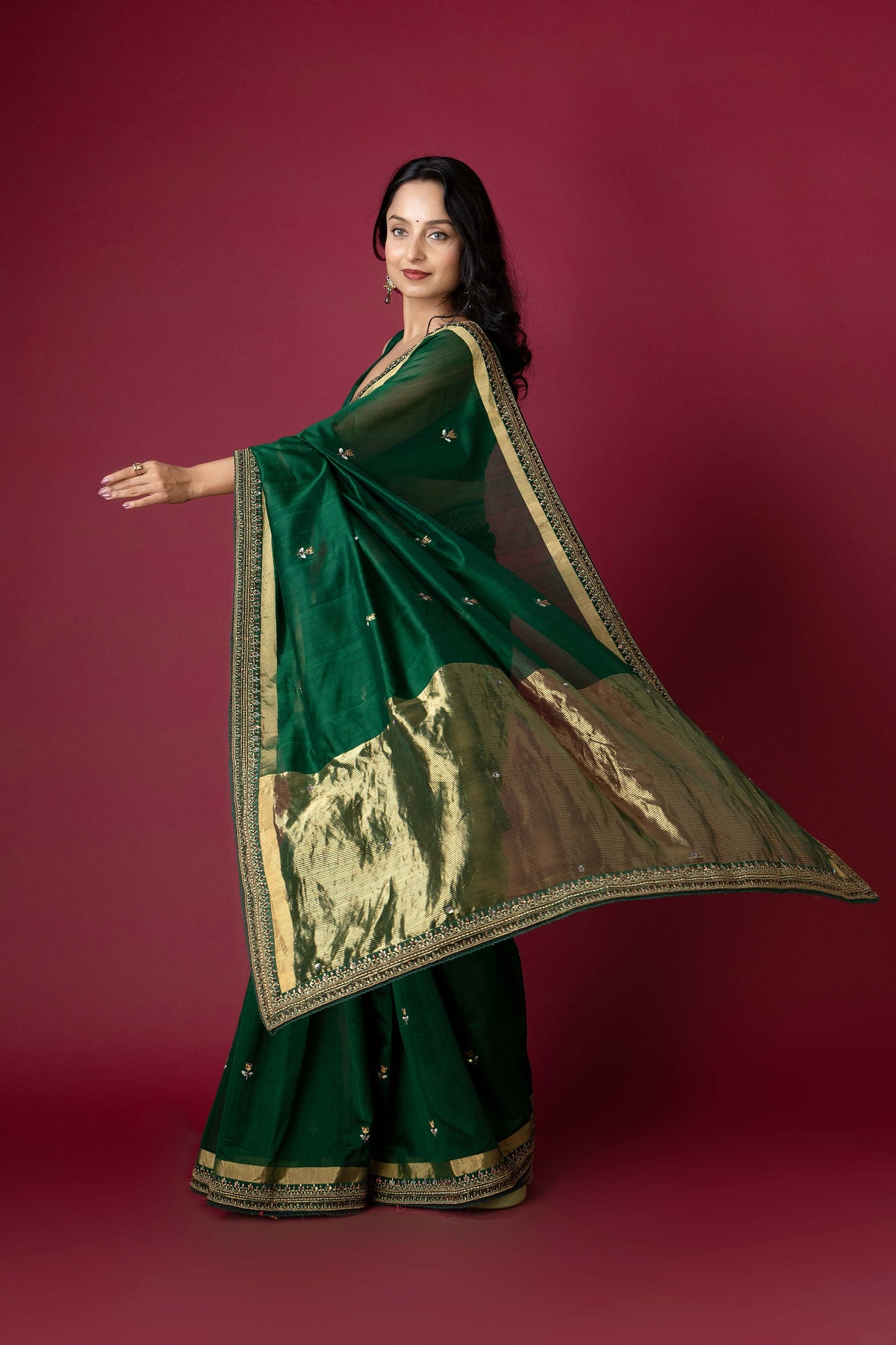 Green Chanderi Silk Aari & Bobbin Saree