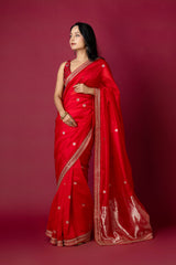 Red Chanderi Silk Aari Saree