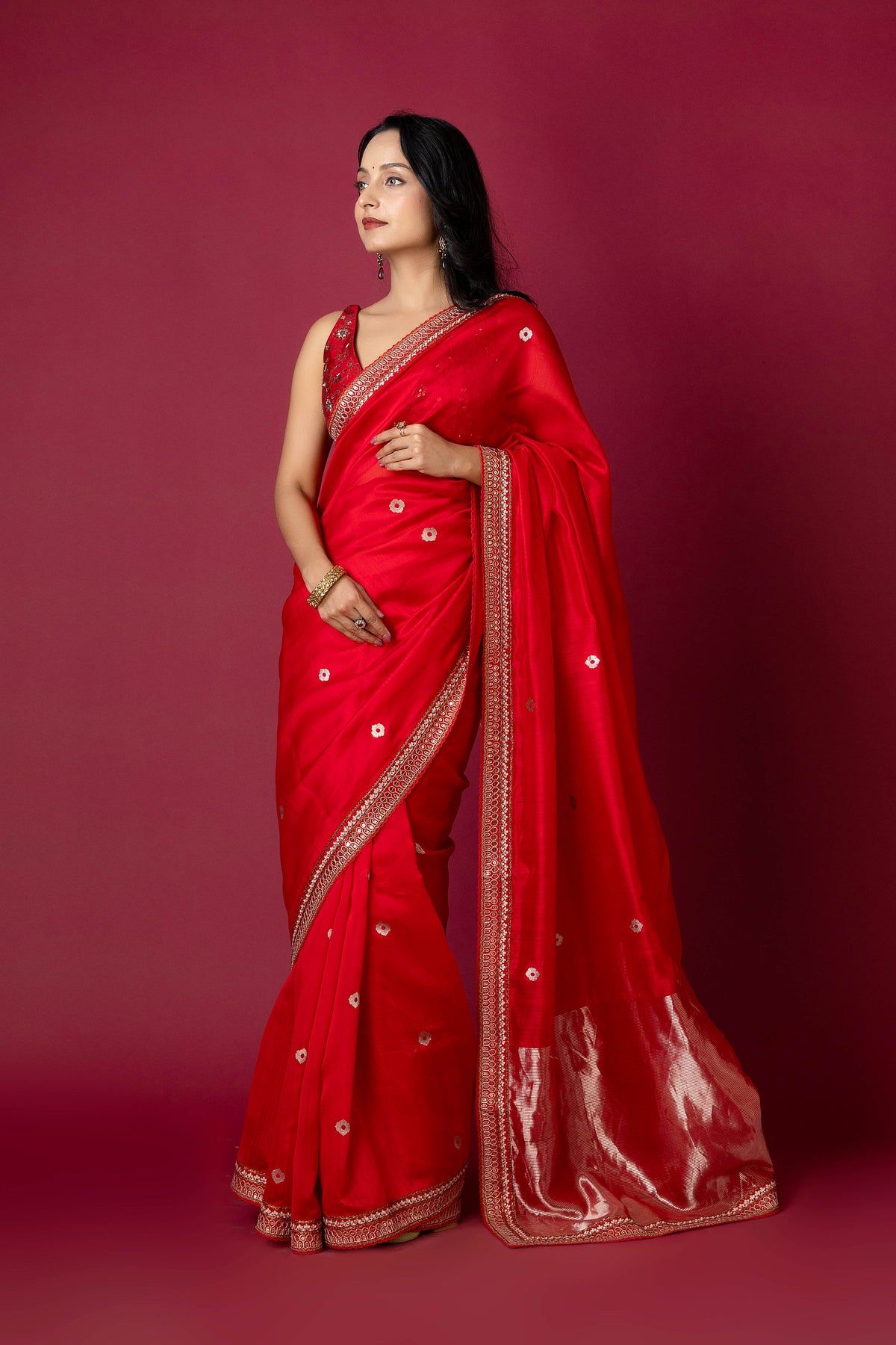 Red Chanderi Silk Aari Saree