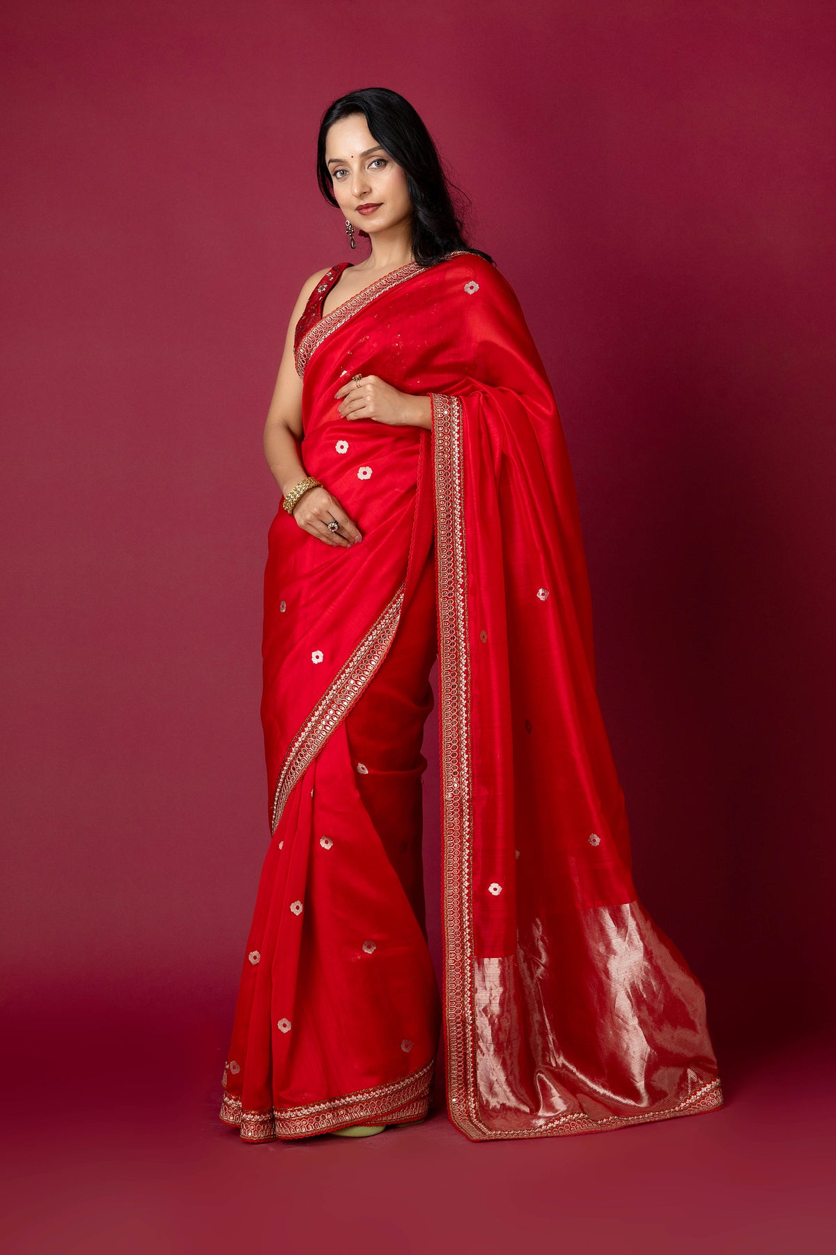 Red Chanderi Silk Aari Saree