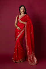 Red Chanderi Silk Aari Saree