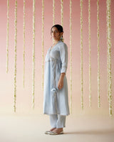 Glory Blue Tissue Angarakha with 
Narrow Pants & Dupatta - Set of 3