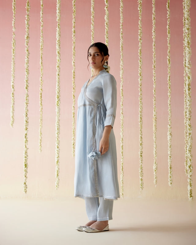 Glory Blue Tissue Angarakha with 
Narrow Pants & Dupatta - Set of 3
