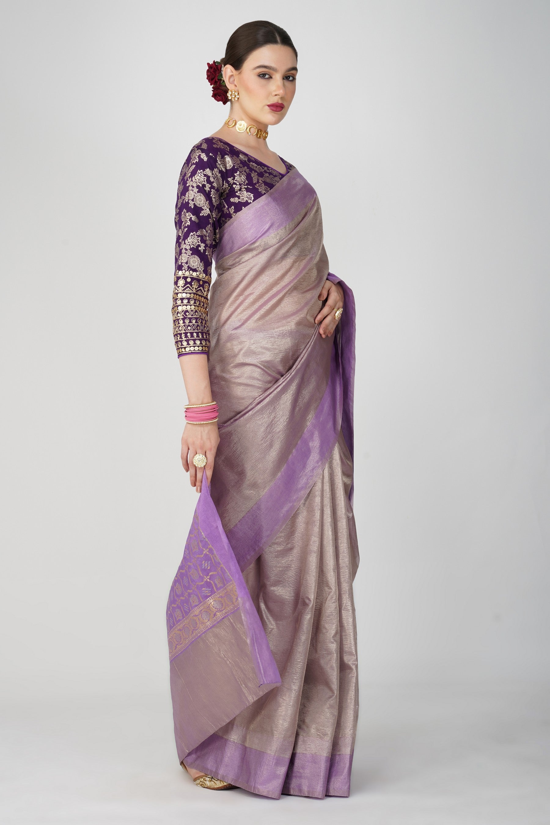 Mauve Pure Crushed Tissue Silk Banarasi Handloom Saree