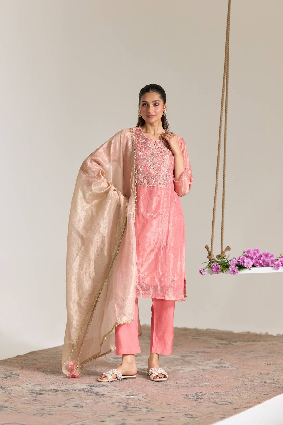 Blossom Pink Dori Embroidered Kota Kurta Tissue Set - Set of 2