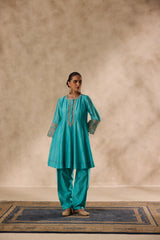 Sky blue chanderi dori work and french knot embroidered kurta paired with salwar & organza dupatta