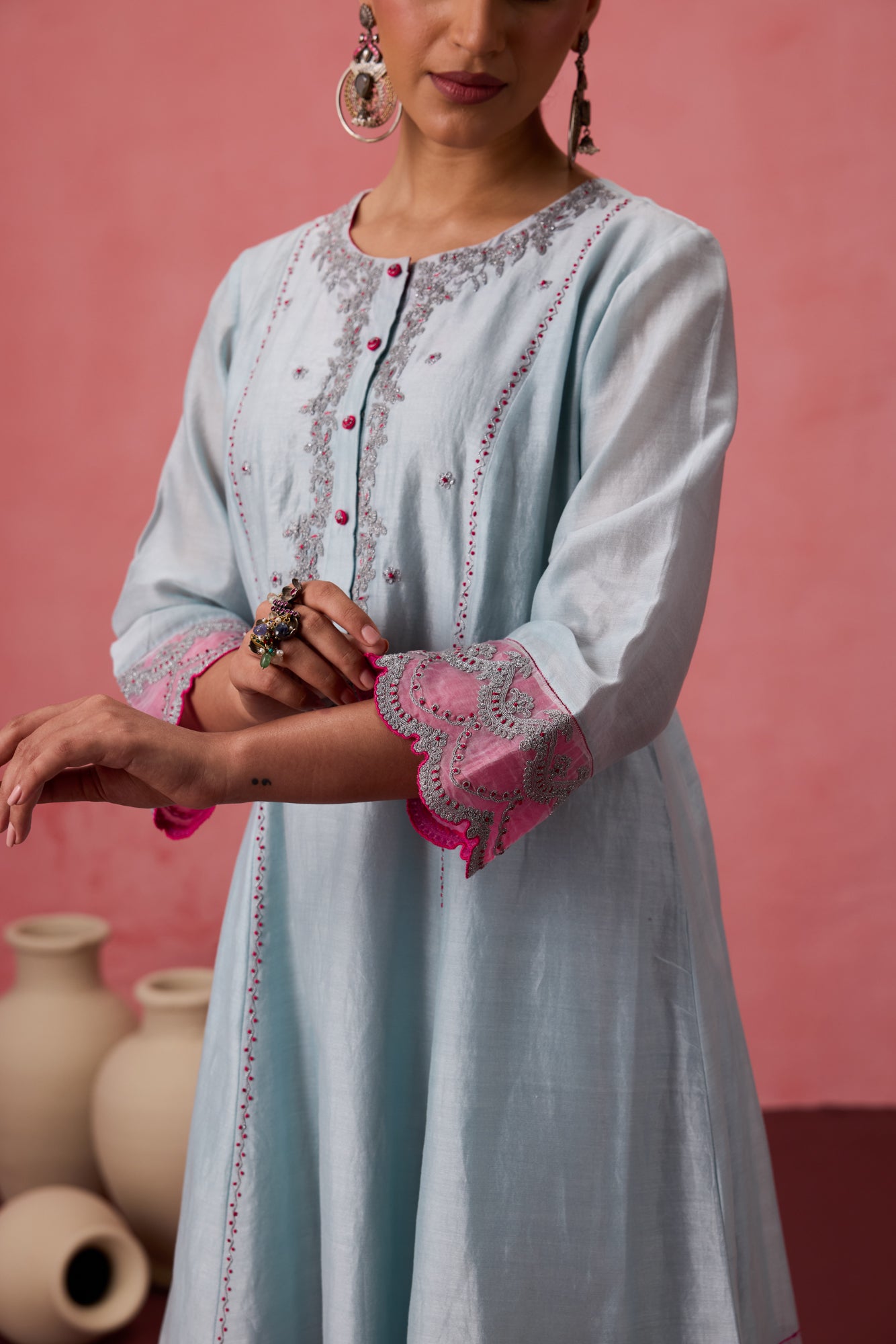 Sky blue chanderi dori work  floral and french knot embroidered kurta paired with pant & organza dupatta