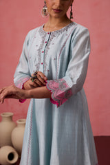 Sky blue chanderi dori work  floral and french knot embroidered kurta paired with pant & organza dupatta