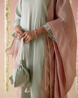 Mint Daisy Tissue Kurta with 
Narrow Pants & Dupatta - Set of 3