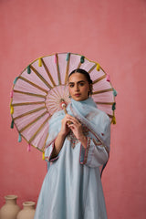 Sky blue chanderi dori work and french knot embroidered kurta paired with organic cotton slip, pant & organza dupatta
