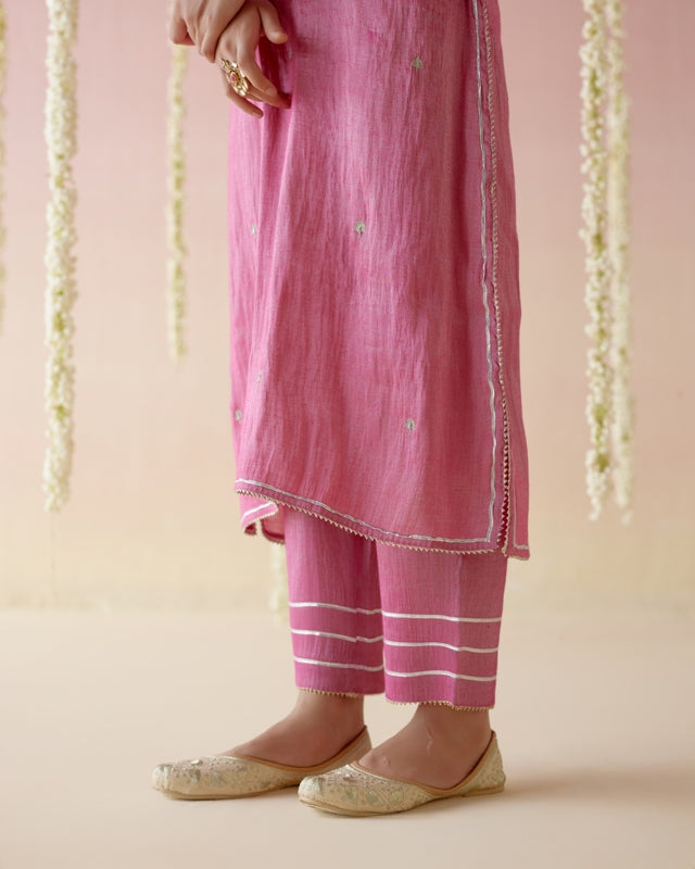 Peony Pink Tissue Kurta with 
Narrow Pants & Dupatta - Set of 3