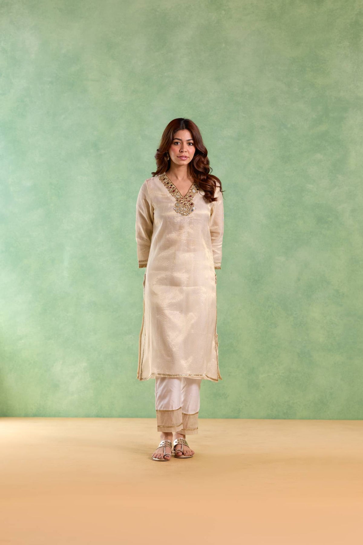 Gold Mirror Embroidered Chanderi Stripe Kurta Set - Set of 2