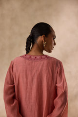 Peach chanderi heavy neckline resham embroidred kurta paired with organic cotton slip,pant & heavy border dupatta