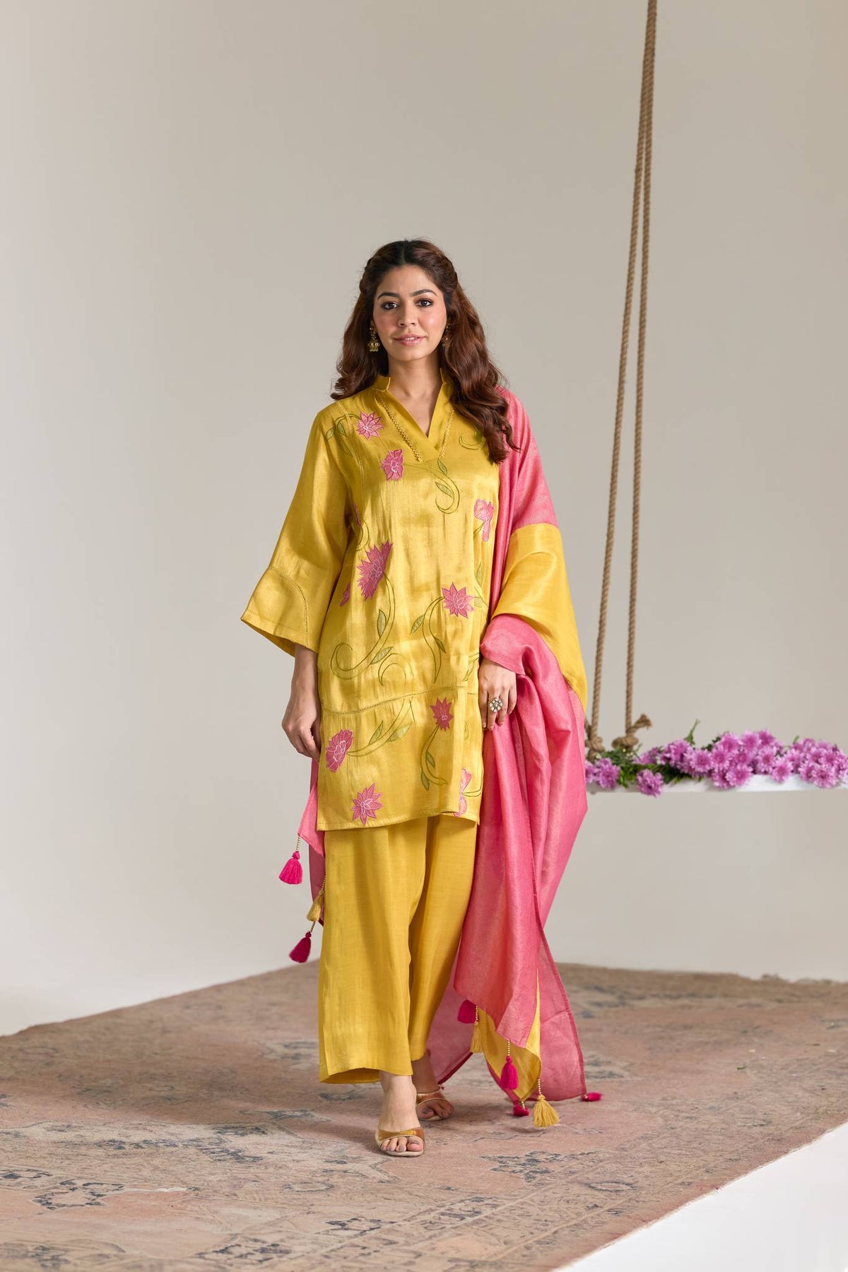Fuschia Yellow Applique Embroidered Tissue Kurta Set - Set of 2