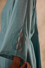Sky blue chanderi floral resham embroidered kurta paired with pant & organza dupatta