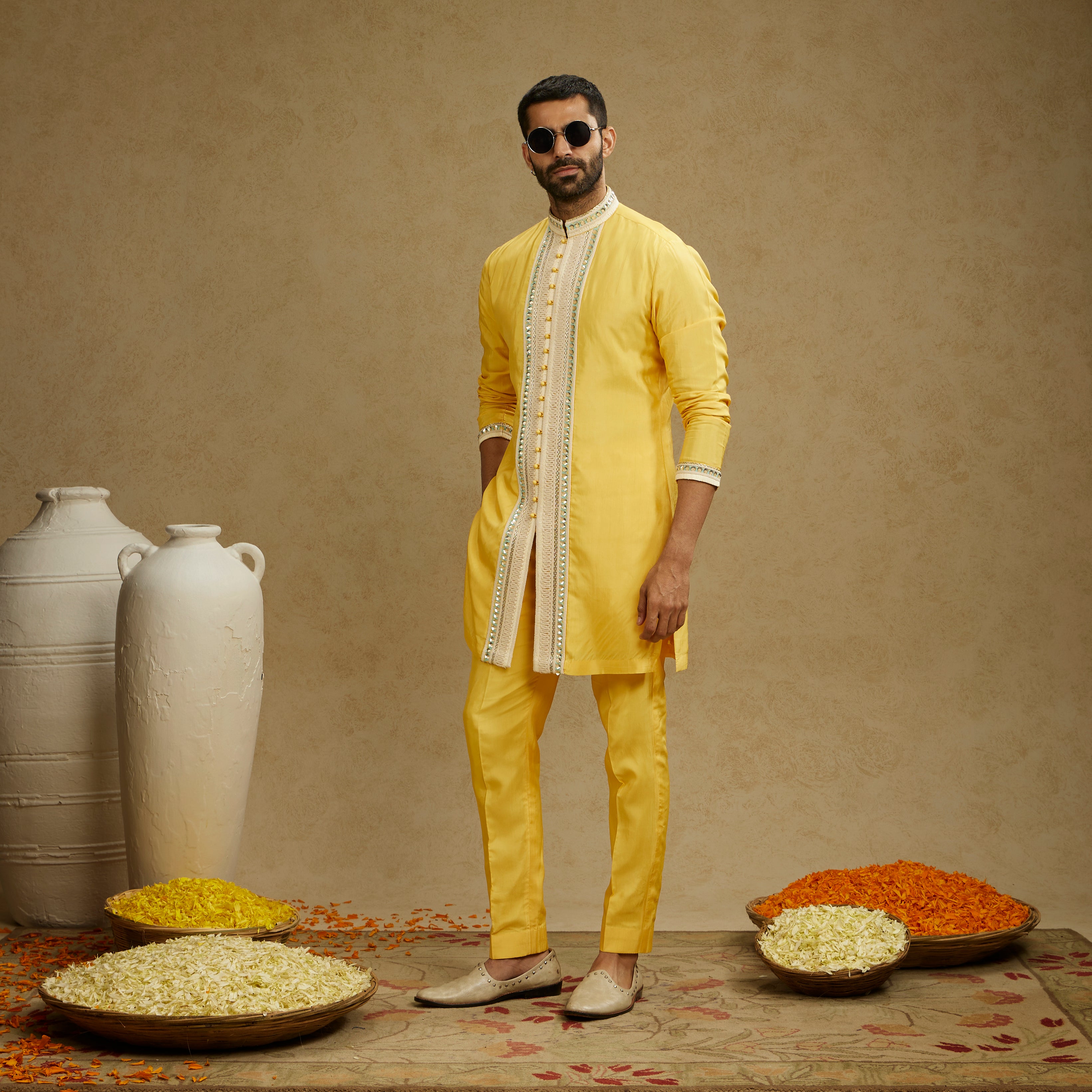 Dandelion Yellow Front Open Threadwork Kurta with Pants