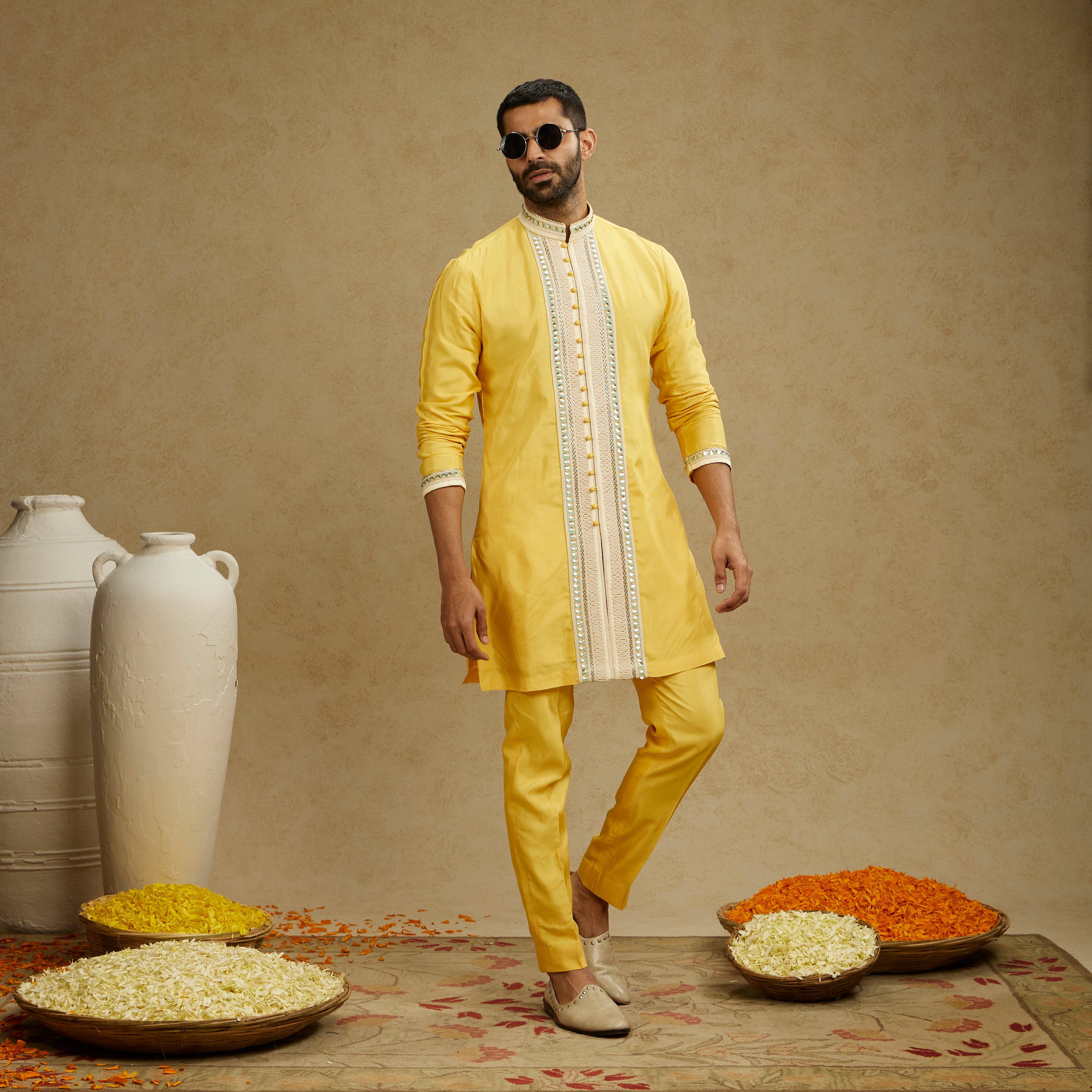 Dandelion Yellow Front Open Threadwork Kurta with Pants