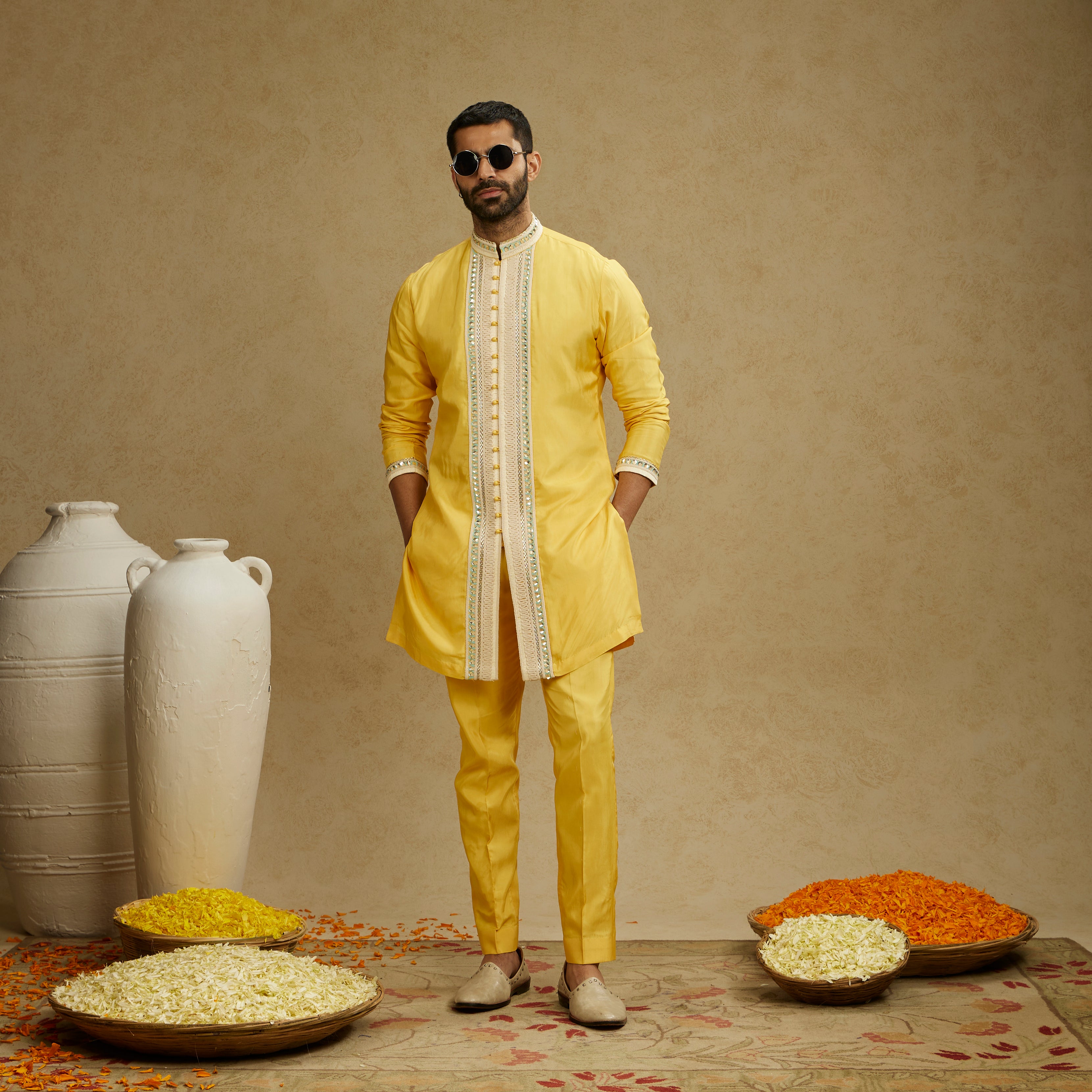 Dandelion Yellow Front Open Threadwork Kurta with Pants